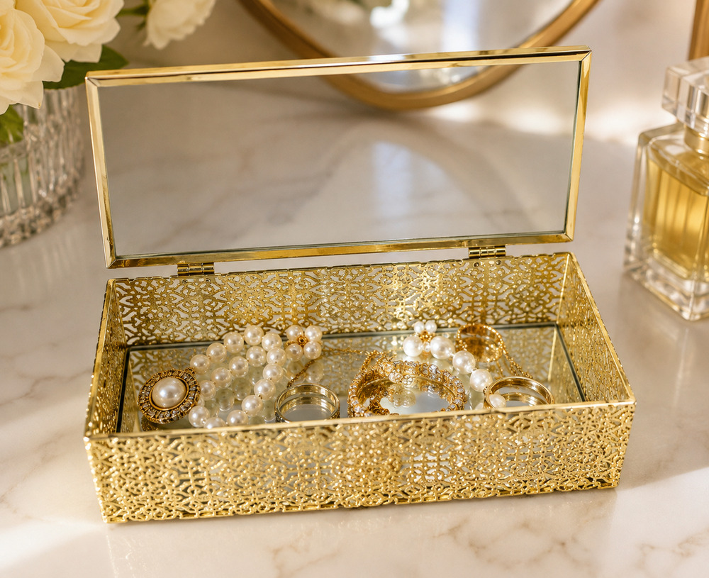 Studio Silversmiths Gold Mirrored Jewelry Box Glass Filigree Vanity Trinket Box
